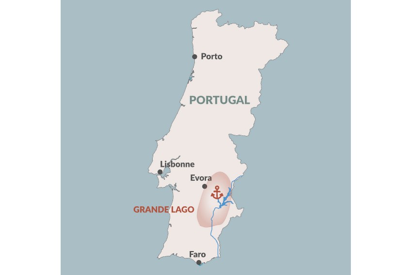 Lugar por donde recorres el lago artificial mas grande de europa: GRANDE LAGO ALQUEVA