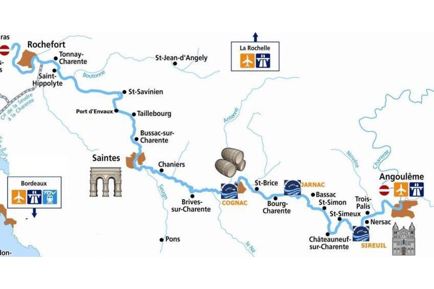 charent 1024x531 1 Mapa detallado de navegacion y paradas fluviales a lo largo del rio Charente