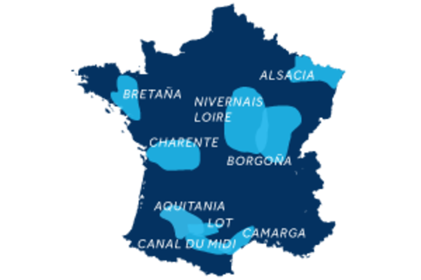 River tourism map France | Danfluvial Mapa geográfico de Francia que destaca las principales regiones y zonas destinadas al turismo fluvial.