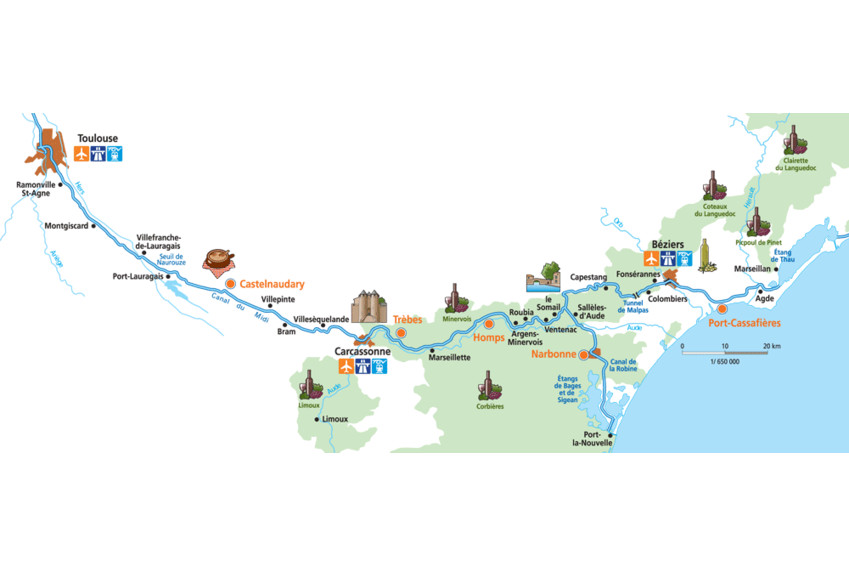 Map of Canal du Midi | Danfluvial Mapa ilustrativo con las paradas e itinerarios recomendados para recorrer el Canal du Midi en barco con Danfluvial.